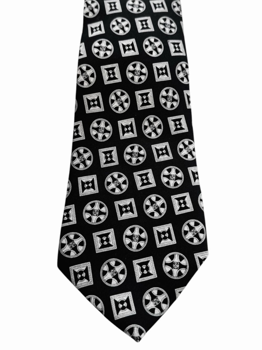 Nino Cerruti Silk Vintage Black Tie with Off White Geometric Medallion Pattern